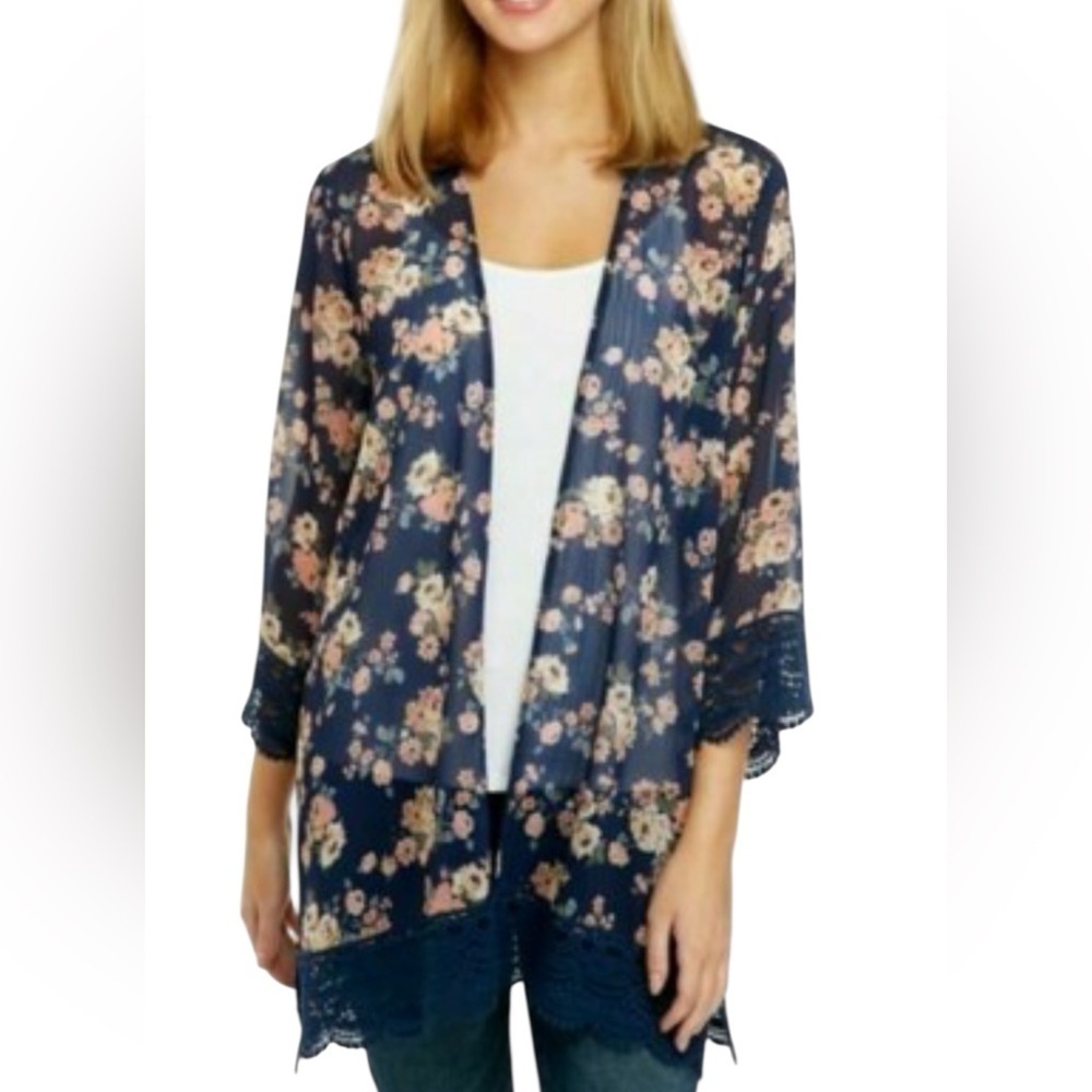Jolt Boho Whimsical Floral Sheer Crochet Hem Open Front Kimono Large Blue